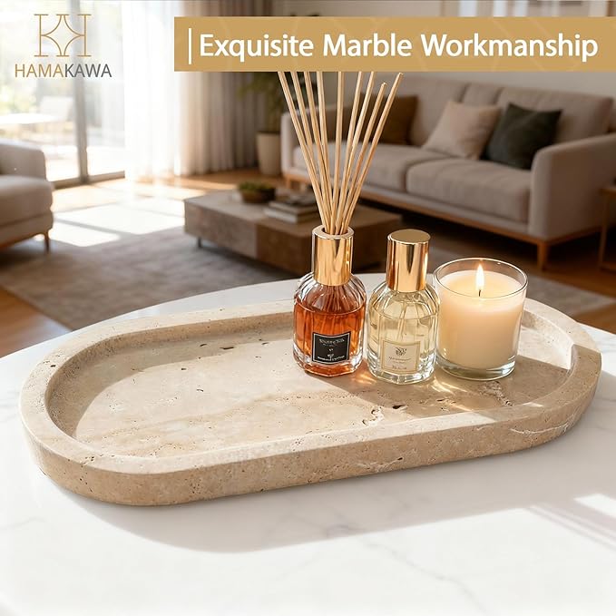 HAMAKAWA Bathroom Vanity Tray, Natural Marble Oval Sink Tray 10 inch, Beige Travertine Vanity Tray for Soap Dispenser Modern Countertop Organizer for Kitchen Countertops, Home Decor