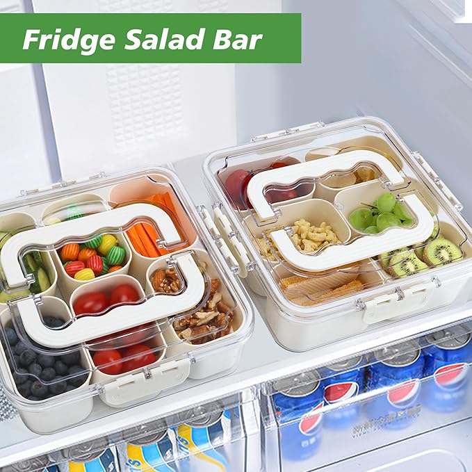 SMALL Divided Serving Tray with Lid and Handle, Portable Snack Box Container, 6 Compartments Veggie Fruit Snackle Tray, Charcuterie Platter Container for Party, Nuts, Snacks, Picnic,2 Pack, SMALL SIZE