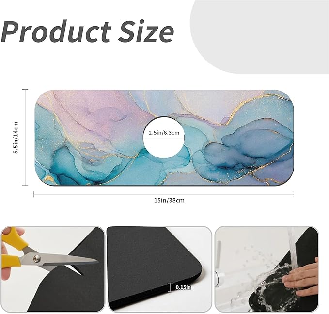 Kitchen Sink Splash Guard，Elegant blue purple alcohol ink Faucet Mat Sink Gadgets-Super Absorbent Fast Drying Mat Drip Catcher for Kitchen, Bathroom,Sink Mat, Dish Drying Mat, Bathroom(15" X 5.5" )