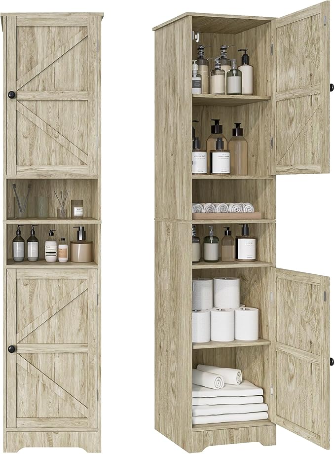 Viaozutis Tall Bathroom Storage Cabinet, Vertical Freestanding Organizer with Adjustable Shelf, Slim Design for Small Bathrooms, Towels & Toiletries Storage Gray