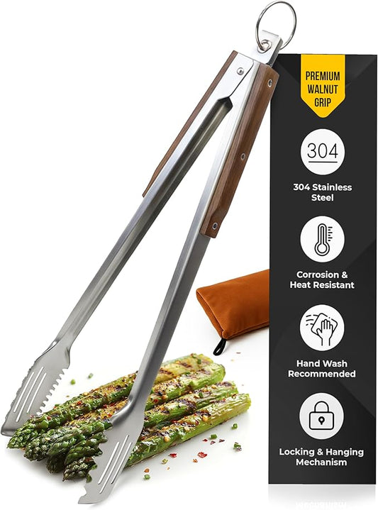 17-Inch Grill Tongs for Outdoor Grilling - Heavy Duty Stainless Steel Tongs with Luxurious Walnut Grip & Premium Gift Pouch - Extra Long BBQ Tongs for Grilling, Smoker & Outdoor Cooking
