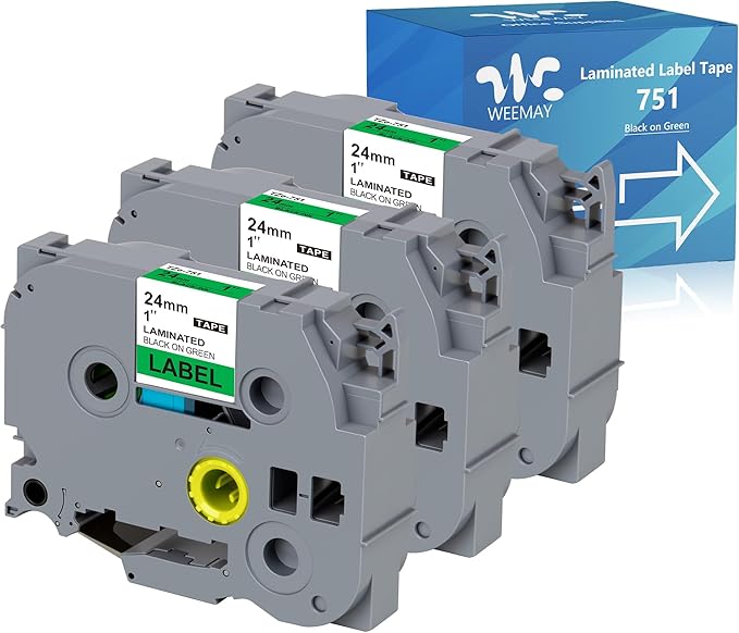Weemay 3 Pack TZe751 24mm Black on Green Laminated Label Tape Compatible with Brother Label Maker Tape TZe-751 TZe 751 TZ-751 TZ751 for PTouch PT-E500 PT-D600 PT-P750W PT-P900W Printer, 1 In x 26.2 ft