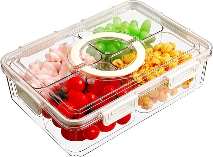 Divided Serving Tray with Lid & Handle, 4 Compartment Removable Snack Box, Kitchen Organizers and Storage, Snackle Box Container, BPA-Free Fruit Storage Container for Berry, Snack, Candy, Nuts…