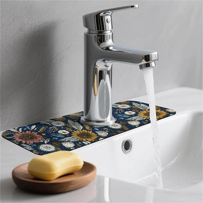 Kitchen Sink Splash Guard，bohemian flowers and leaves Faucet Mat Sink Gadgets-Super Absorbent Fast Drying Mat Drip Catcher for Kitchen, Bathroom,Sink Mat, Dish Drying Mat, Bathroom(15" X 5.5" )