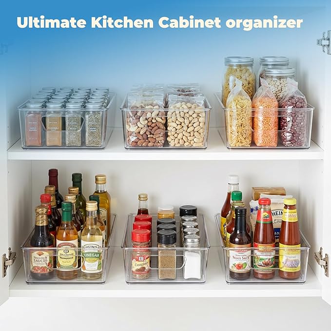 6 Pack Pantry Organizers and Storage, Clear Plastic with 3 Removable Dividers, for Tea Bag, Snack, Seasoning Organizer – BPA Free Perfect in Pantry and Fridge