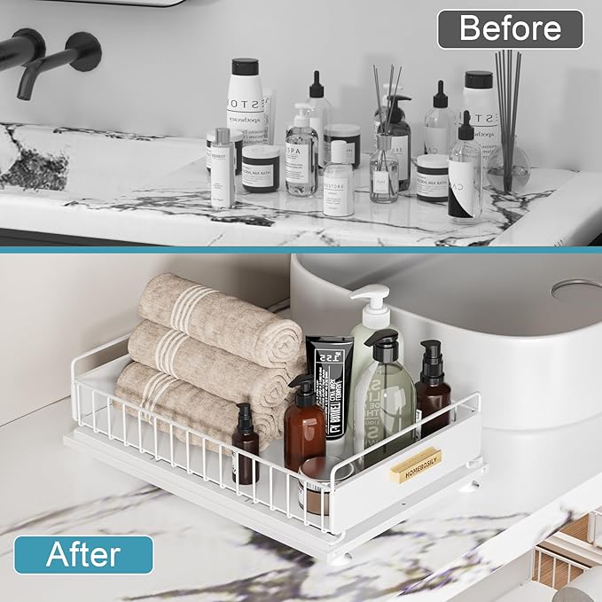 HOMEBOSILY Under Sink Organizer, Kitchen Pull Out Cabinet Organizer, Mute Slide Out Metal Under Sink Organizers and Storage Shelves for Kitchen Bathroom Laundry Cabinet Pantry, White