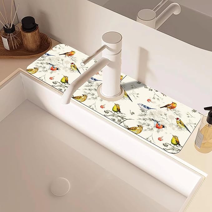 Vintage Watercolor Birds Dish Drying Mat for Kitchen Sink Splash Guard Behind Faucet Sink Mat Absorbent Fast Drying Faucet Draining Mat for Bathroom Kitchen 5.5"×15"