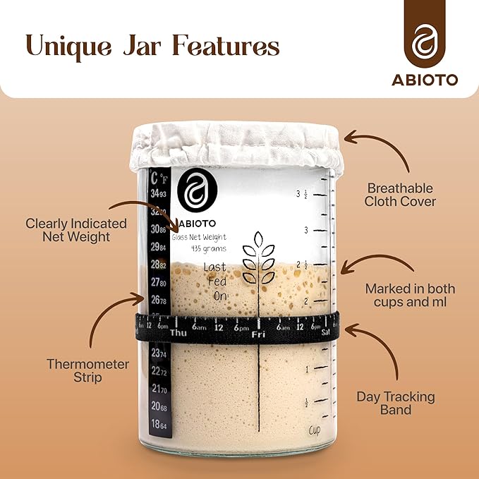 Sourdough Starter Jar Kit, Includes 34 oz Sourdough Starter Jar with Metallic Lid, Silicone Spatula, Feeding Tracker, Extra Thermometer Strips & Breathable Covers – Sourdough Bread Starter Kit