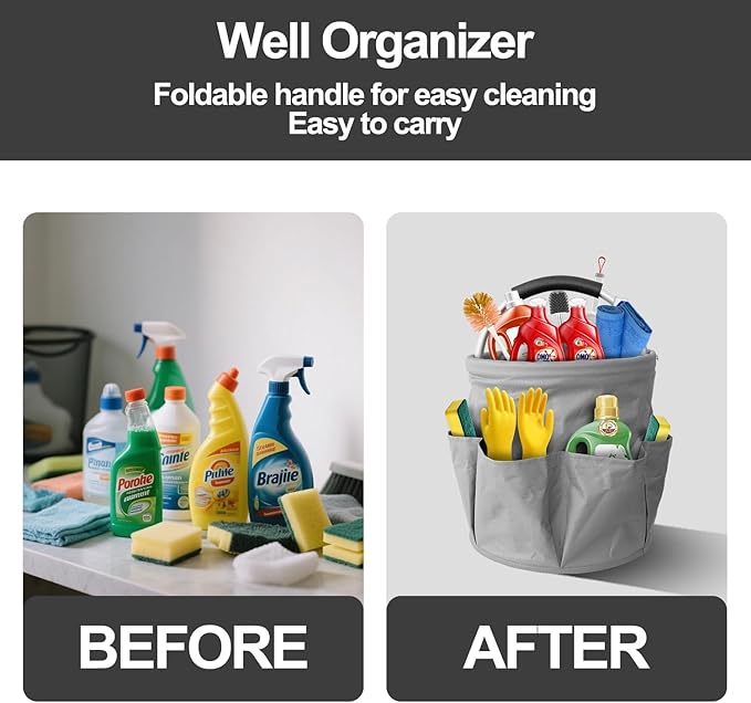 Foldable cleaning caddy basket & Portable cleaning caddy Bucket Cleaning Organizer with Handle and 6 Pockets cubetas para limpieza for Home Garden Camping Storage (Gray)