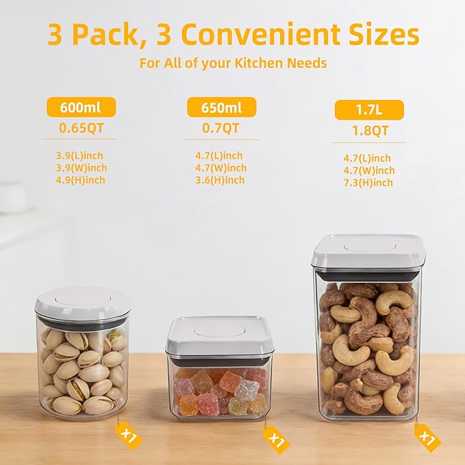 3 Pcs Airtight Food Storage Containers with Lids, Push Button Seal BPA-Free Containers for Kitchen Pantry Organization, 0.65Qt/0.7Qt/1.8Qt for Cereal, Flour, Sugar, Snacks Dry Food Storage
