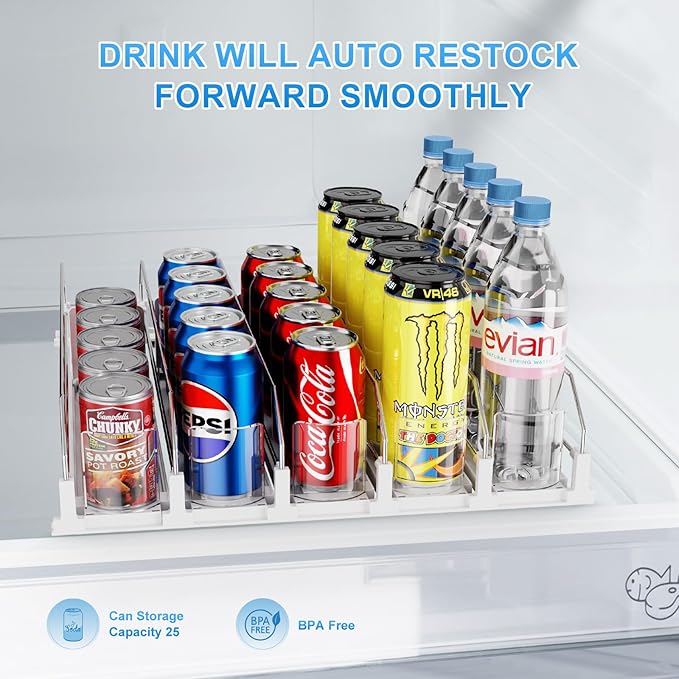 Drink Organizer for Fridge,5 Rows Fridge Soda Can Organizer,20oz 16oz 12oz-Self Pushing Soda Dispenser for Fridge,Adjustable Width-Holds up to 25 Cans,White