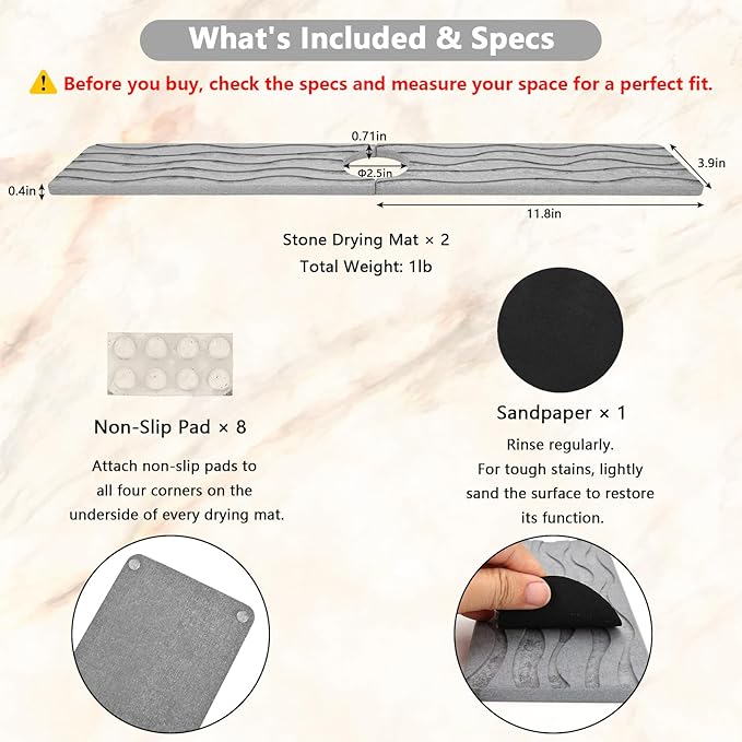 Stone Faucet Mat for Kitchen Sink - Drying Stone with Non-slip Pads, Sink Water Splash Guard for Bathroom Counter, Sink Caddy Holds Soap & Tools, 23.6 × 3.9in, Light Gray, Wavy Motifs