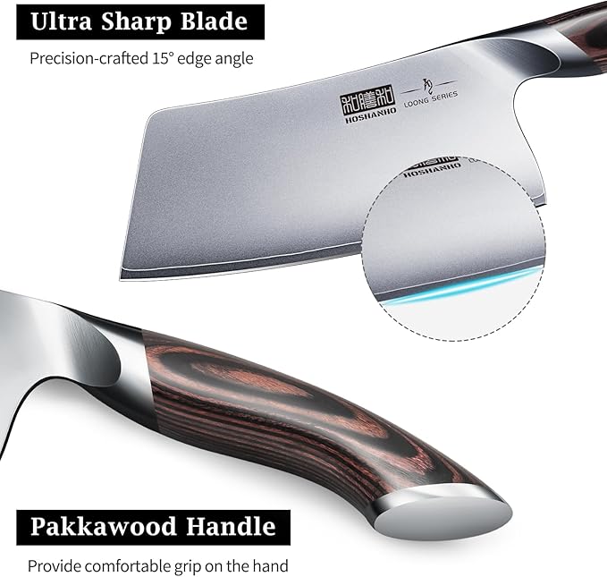 HOSHANHO Cleaver Knife 7 Inch, Ultra Sharp Japanese High Carbon Steel Vegetable Meat Cleaver, Multifunction Chopper Butcher Knife for Home Kitchen and Restaurant