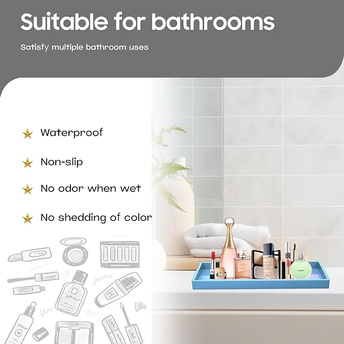 Mriluvy Vanity and Bathroom Tray, 15" ABS Countertop Organizer,Waterproof Vanity Tray for Toilet Tank,Perfume,Soap,Keys,Bathroom Accessories,Kitchen and Bath Trays,Non Slip Small Trays,Blue,2 Pack