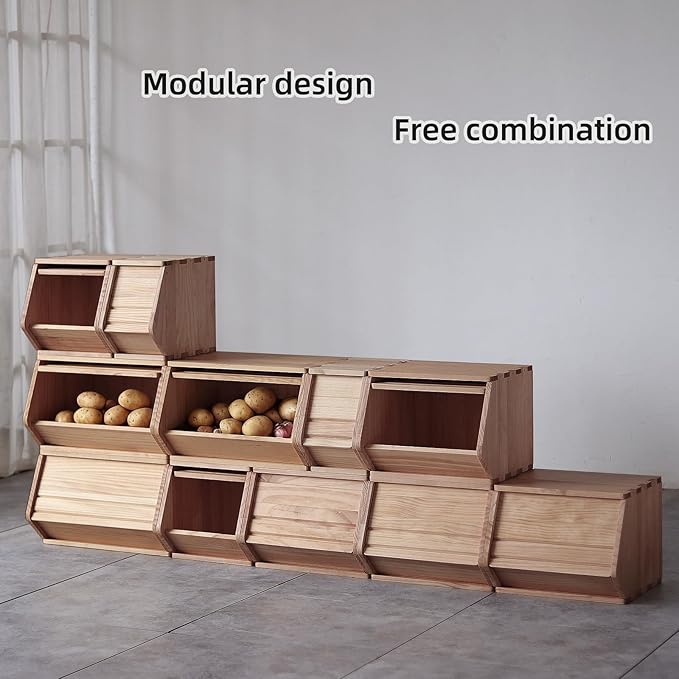 Stackable Solid Wood Storage Chests,Bins with Lids,Modular Wooden Multi-use Box,Closet Storage Organizers,Hall Entryway Cabinet,Drawers,Potato,Onion,Bread,Classify by Items,15.5”W(1 Pack)