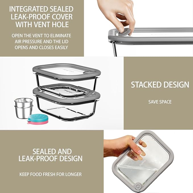 Glass Food Storage Containers with Silicone Glass Lids, Stainless Steel Salad Dressing Containers, Microwave-safe LeakProof Food Containers Set, 4-pack 35 oz（Grey）