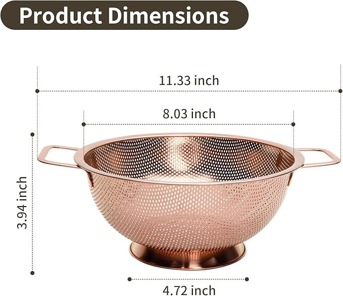 BLAGAIN Colander 3-Quart with Handle, Food Metal Strainer for Kitchen Sink, Pasta Pot for Noodles Vegetables and Fruits, Stainless Steel, Rose Gold