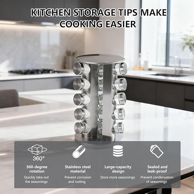 Wintline 20 Jar Revolving Spice Rack,Kitchen Spice Organization for Cabinet or Countertop,Seasoning Spice Organizer with Polished Stainless Steel&Black Caps