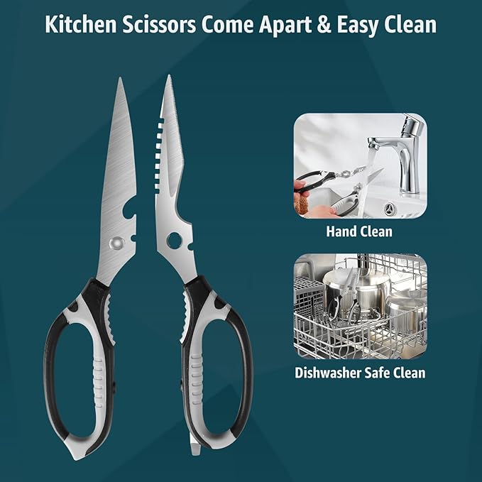 BoFuYuan Kitchen Scissors, 9-Inch Heavy Duty Multipurpose Food Cutting Shears, Detachable Dishwasher Safe, Sharp Serrated Blade, Ergonomic Non-Slip Handle for Food, Meat, Herbs, Black