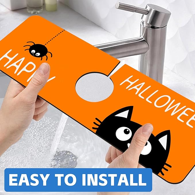 Halloween Cute Black Cat Kitchen Sink Splash Guard Mat Absorbent Fast Drying Mat Faucet Draining Mat Sink Splash Guard Behind Faucet Drip Catcher for Kitchen Bathroom 5.5"×15"