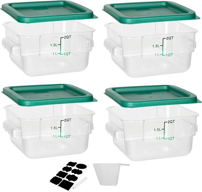 BIEAMA 4 Pack Food Storage Containers, 2 Quart with Lids, Square Commercial Containers with Scale, NSF, Polycarbonate, Clear
