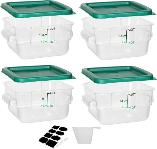 BIEAMA 4 Pack Food Storage Containers, 2 Quart with Lids, Square Commercial Containers with Scale, NSF, Polycarbonate, Clear