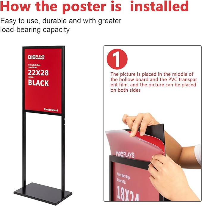 DISPLAYSWORKER Sign holder floor stand, heavy Duty Pedestal poster banner stand for display,22×28 inch slide-in double sided poster sign holder floor standing for board Display (Black, 22×28)
