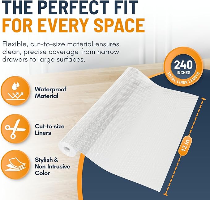 Shelf Liner Drawer Liner for Kitchen Cabinets Non-Adhesive by Linda’s Essentials (12 x 240 Inches) - Non-Slip Easy Clean Kitchen Cabinet and Cupboard Protector, Waterproof Mat, Clear Roll