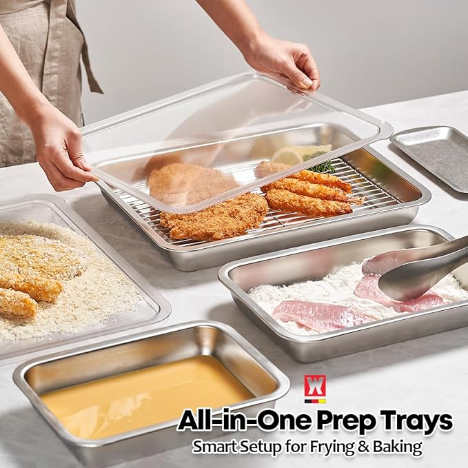 Stainless Steel Food Prep Container Set with Rack & Transparent Lid, Casserole, Bake Pan, Buffet Party Pans, Hotel Pan, For Oven Roasting/For Deep Frying Prep/Marination(No.4)