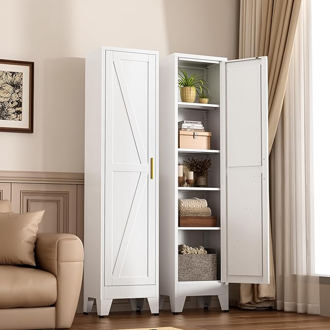 YAUWOH Narrow Metal Cabinet with 4 Adjustable Shelves and Barn Doors,Tall Bathroom Storage Cabinet, Metal Pantry Organizer for Kitchen,Home Office, Dining Room,White