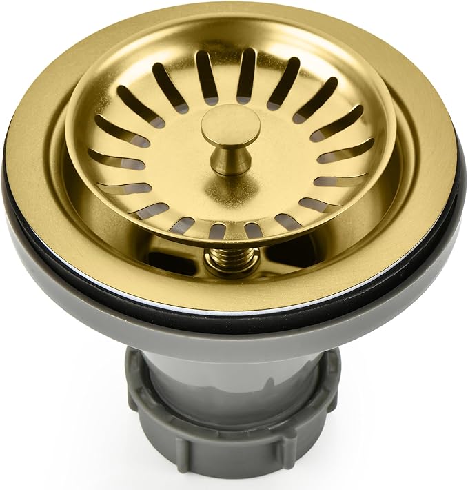Black/Gold/Chrome Kitchen Sink Drain Assembly Replacement Kit,for Standard 3-1/2 Inch Kitchen Sinks,with Removable Basket Strainers Stopper Plug, with 1-1/2 Lock Nuts,Nicmondo (Gold)
