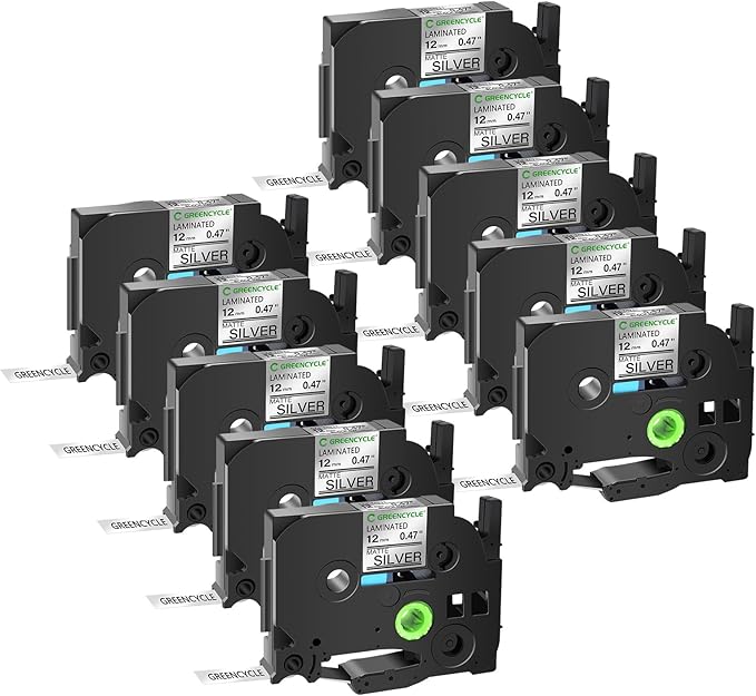 GREENCYCLE Compatible for Ptouch TZ TZe M931 12mm 0.47 Inch 1/2" Black on Matte Silver Laminated AZE Label Tape for PTD210 D200 D400AD D600 PT-H100 PTH110 PT1290 PT-1230PC PTP700BT, 10 Pack