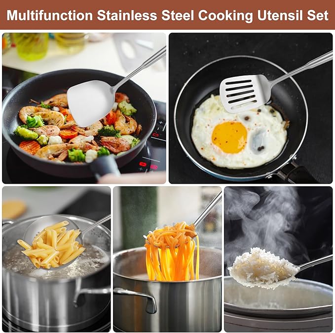 18 10 Stainless Steel Cooking Utensils Set, 10PCS Metal Kitchen Utensils Set for Wok,Kitchen Tools Set Come with Spoon, Fork, Spatula, Ladle, Skimmer, Turner, Pasta Server