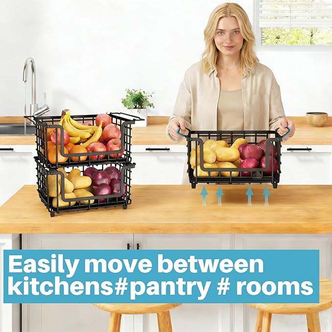 1 Pack Stackable Metal Wire Vegetable Fruit Basket for Kitchen Counter Cabinet, Pantry Organizers and Storage Basket, Food Can Snack Onion Potato Bread Storage Shelf Freezer Organizer Bins Black