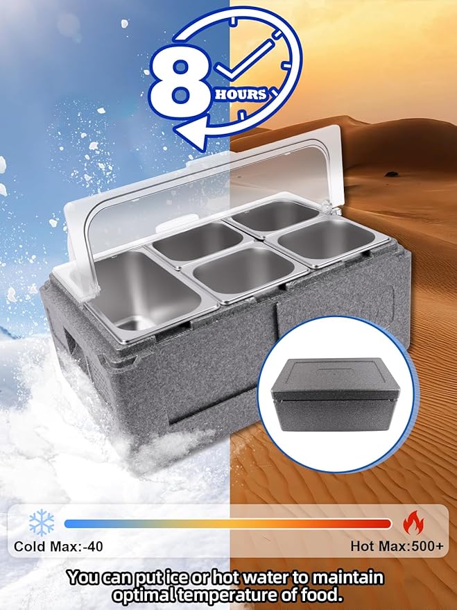 Lanstics Pizza Topping Station 7 Pans Salad Bar Buffet Station Insulated Cold Food Buffet Server with Ice Packs Lids Buffet Containers Set Platter Box for Party Buffet Keeping Food Cold