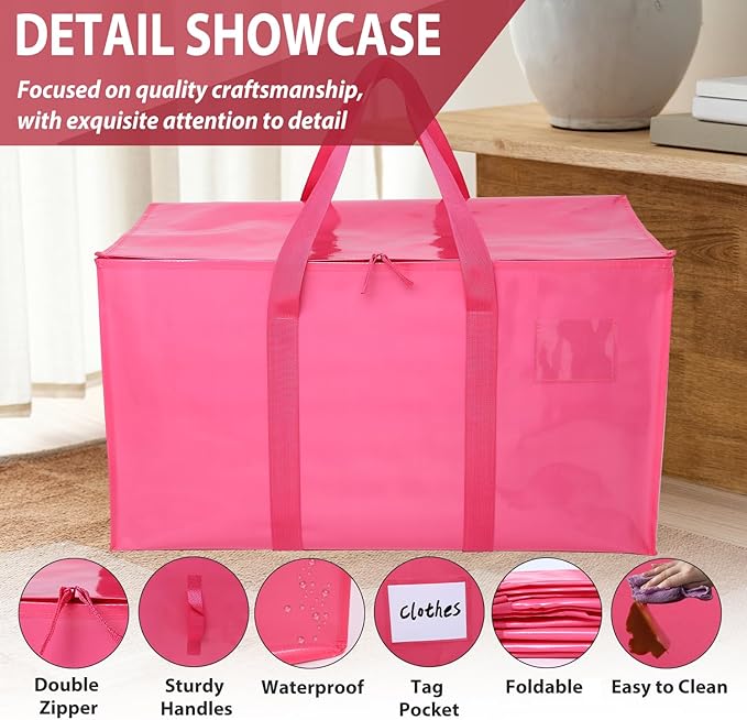 6 Pack Moving Bags Heavy Duty, Extra Large Moving Bags, Moving Supplies, Storage Bags with Handles and Zippers, Waterproof Totes for Storage Space Saving Packaging Shipping and Travel(Pink)