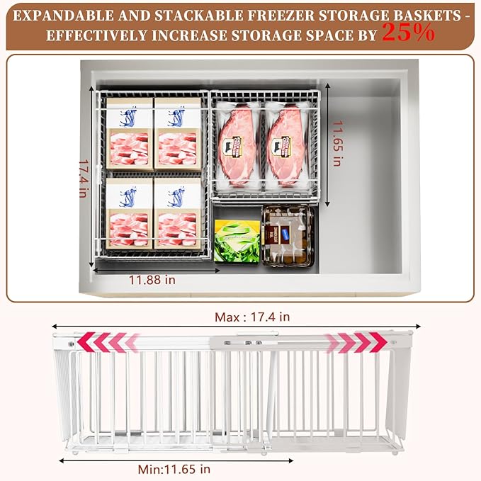 Large Freezer Organizer Bins，Upgraded Bottom Leak-Proof net，2 Pack， Expandable Stackable Chest Freezer Containers with Handle，for Fridge, Deep Freezer, Cabinet, Kitchen, Pantry (White-2Pack)