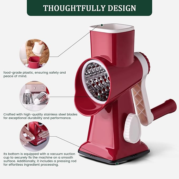 HANSGO Rotary Cheese Grater, Hand Crank Cheese Shredder, 3 Metal Blades & Cleaning Brush, Non-slip Suction Base, Labor-Saving Handle, Kitchen Gadgets for Vegetable, Nuts, Christmas Gifts for Women