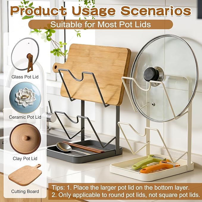 Kitchen Pot Lid Storage Rack, Pot Lid Holder With Tray, Lid Holder While Cooking, Lid And Spoon Rest, Multifunctional Kitchen Organizer Stand (Black)