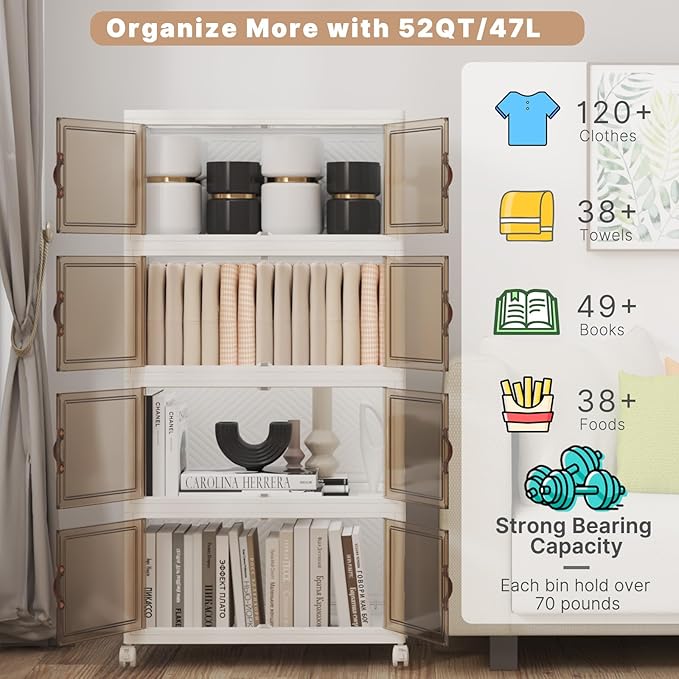 Extra Large Stackable Storage Bins with Lids & Wheels, 220QT-55QT/14GAL*4Pack Foldable Collapsible Closet Organizers Storage Cabinet with Doors for Bedroom Dorm