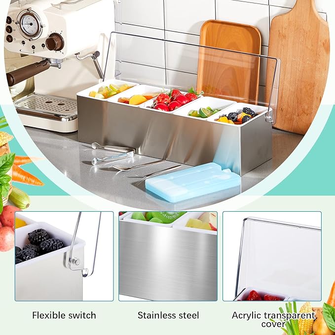 Mifoci 1 Pack Stainless Steel Chilled Condiment Server 5 Removable Slot Toppings Containers with Lid and Bottom Ice Bar Garnish Tray with 9 Silverwares 4 Ice Boxes for Christmas Party, Events and Bar