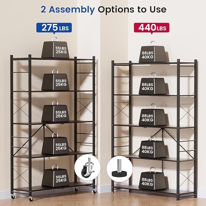 ALANNG 40" W Foldable 5-Tier Storage Shelves with Wheels, Adjustable & Removable Metal Rack, Heavy Duty Rolling Organizer for Kitchen, Garage, Closet, Pantry, and Office (Black,3 Pack)