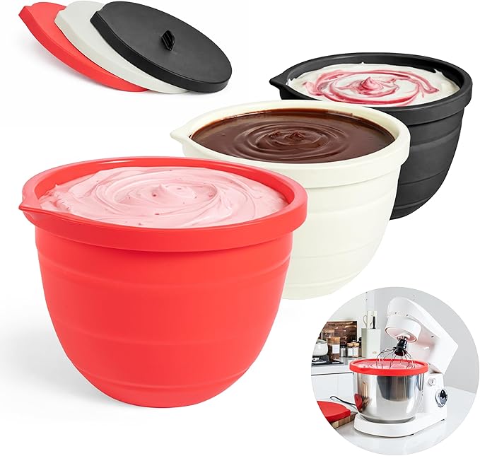 Cavelle Set Of 3 Silicone Mixing Bowl Liners With Lids | Silicone Liners For KitchenAid Mixer - For Tilt Head Mixers And 5qt Stainless Steel Bowls