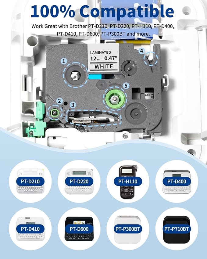 Greateam Label Maker Tape Replacement for Brother P Touch Label Tape 12mm 0.47 Laminated White TZe-231 TZe231 TZe TZ Label Maker Refills for Brother PT-D220 D210 H110 D410 D610BT, 12mm x 8m, 6-Pack