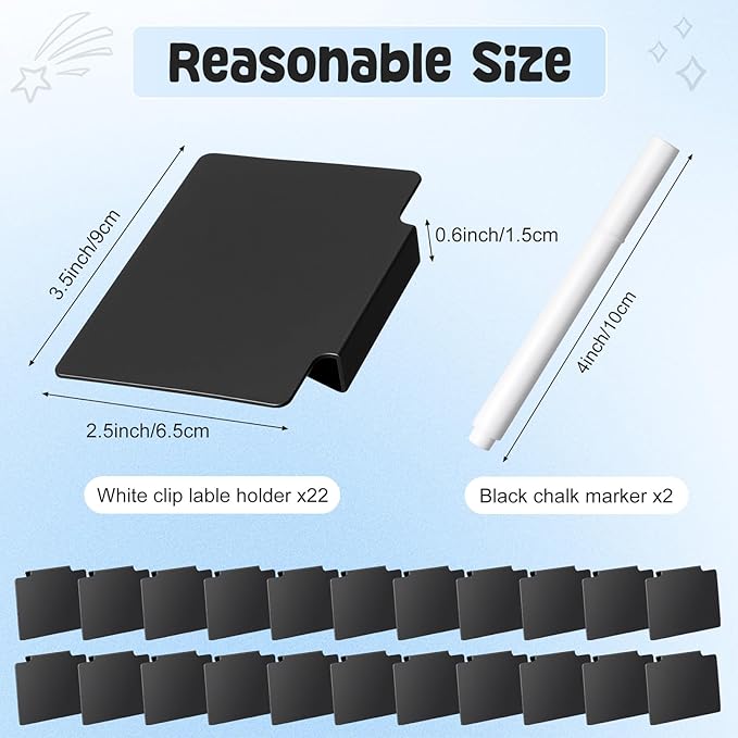 Chinco 24 Pcs Basket Label Clips Set Include 30 Removable Kitchen Clip Label Holder PVC Storage Bin with 2 Chalk Markers for Basket Kitchen Pantry Organization (Black Clip,White Pen)