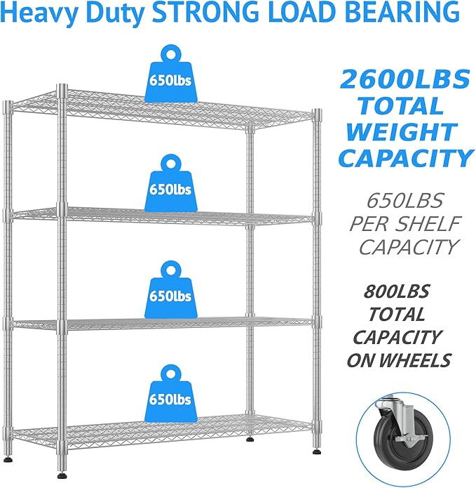 Homdox Heavy Duty Metal Shelves for Storage, 4 Tier Storage Racks and Shelving, Commercial Adjustable Wire Shelving Unit on Wheels, Garage Rack Pantry Shelves Kitchen Shelving, 24"x48"x72", Chrome