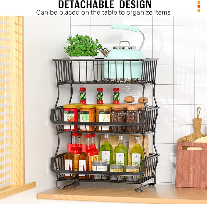 3-Tier Rolling Pantry Organizer and Storage Cart with Wheels – Stackable Wire Snack Cart for Kitchen, Pantry Shelves and Storage Rack for Fruit, Vegetables, Onion, Potato (1 Pack)