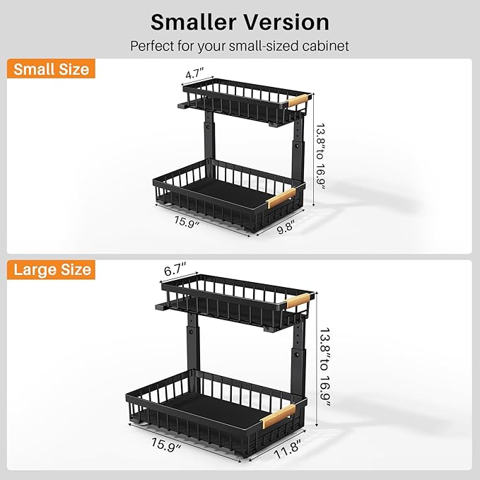 PXRACK(Small Version)2 Pack Under Sink Organizer,Adjustable Height,2 Tier Pull Out Under Cabinet Organizer,Slide Out Thickened Metal Storage Shelf for Kitchen Bathroom Laundry Pantry Cabinet,Black