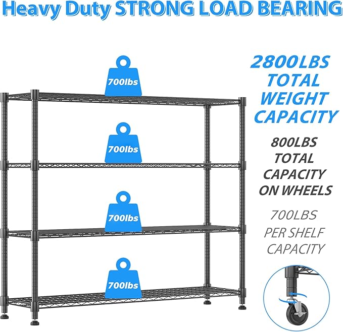 Homdox Heavy Duty Metal Shelves for Storage, 4 Tier Storage Racks and Shelving, Commercial Adjustable Wire Shelving Unit on Wheels, Garage Rack Pantry Shelves Kitchen Shelving, 18"x60"x72", Black