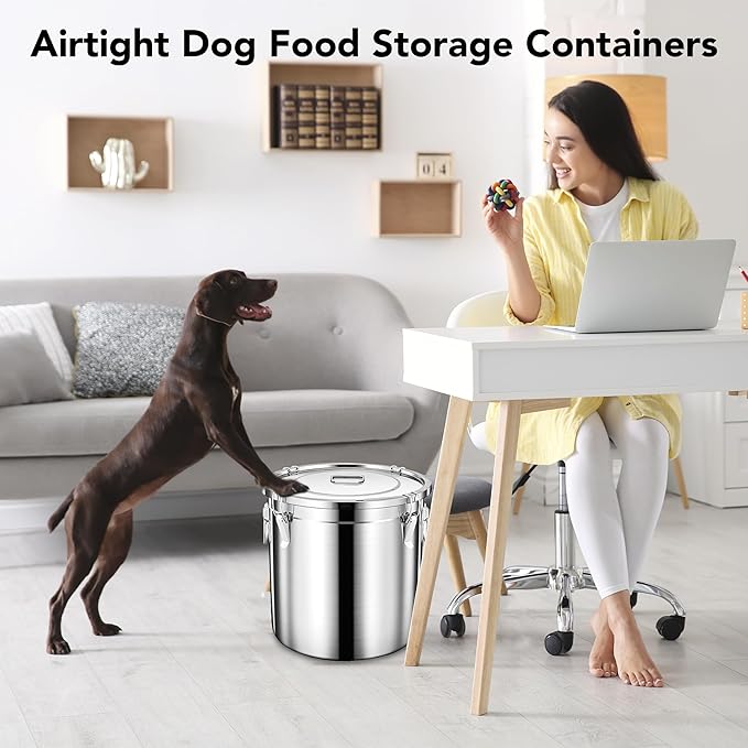 Newget Dog Food Storage Containers, Large Stainless Steel Pet Food Storage Containers 38 lb / 17 kg to Keep Fresh, Metal Airtight Cat Food Containers With Scoop and 2 Small Containers